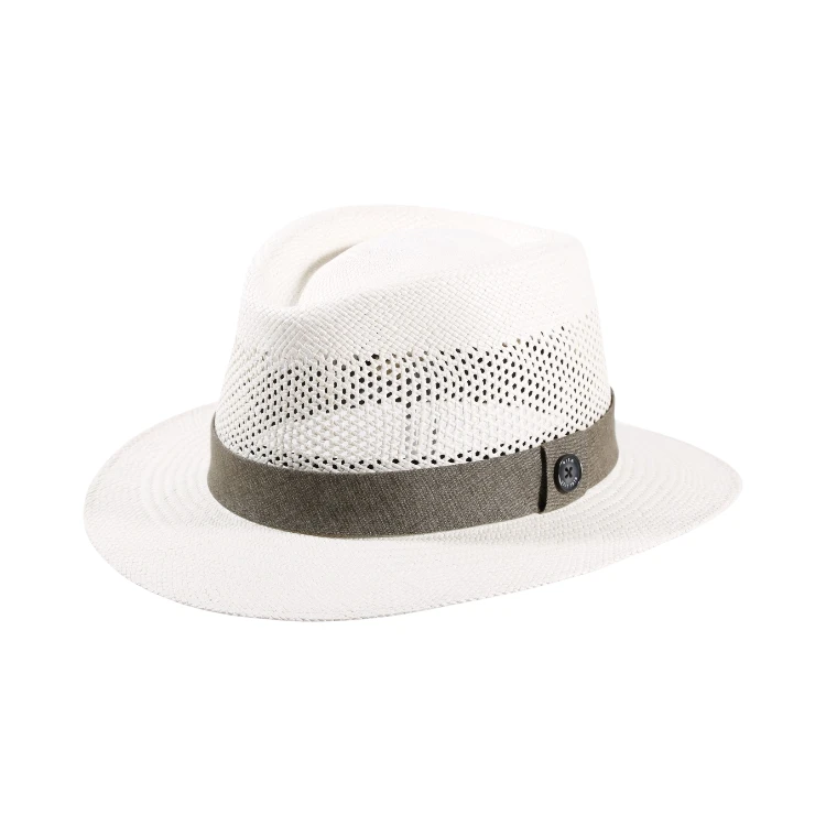 Ventilierter Panama Fedora Weiss mit olivgrünem Leinenband von Risa Schweiz