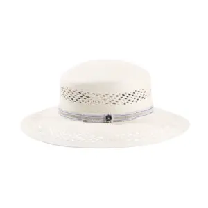 Ventilierte Panama Cloche Fiore Weiss von Risa Schweiz mit gestreiftem Leinenhutband