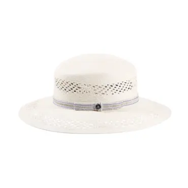 Ventilierte Panama Cloche Fiore Weiss von Risa Schweiz mit gestreiftem Leinenhutband