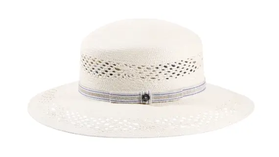 Ventilierte Panama Cloche Fiore Weiss von Risa Schweiz mit gestreiftem Leinenhutband