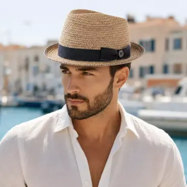 Player Raffias Jeans von Risa in Natur an Herrenmodel auf der Französischen Riviera