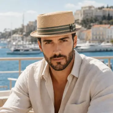 Porkpie Raffia fein Natur Olive an Herrenmodel auf der Französischen Riviera