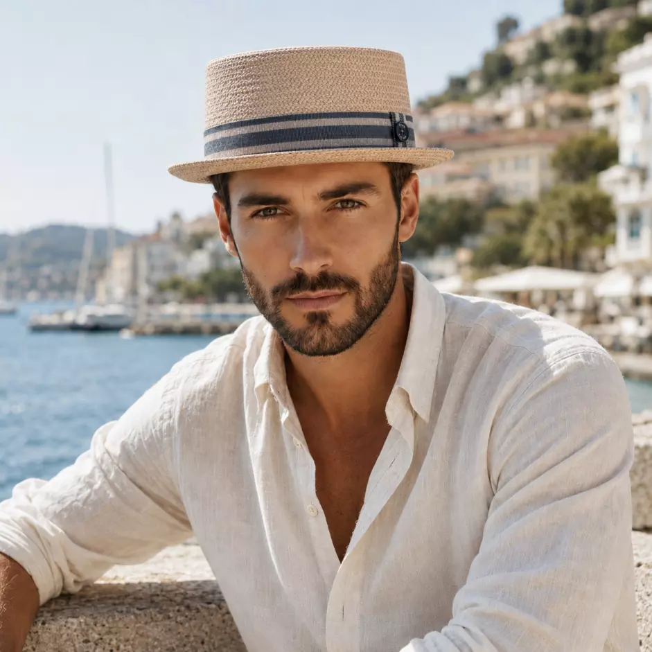 Porkpie Raffia fein Natur Navy an Herrenmodel auf der Französischen Riviera