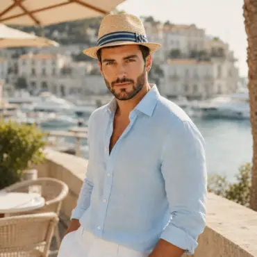 Trilby Raffia fein Leinen Garnitur Natur Navyblau an Herrenmodel auf der Französischen Riviera