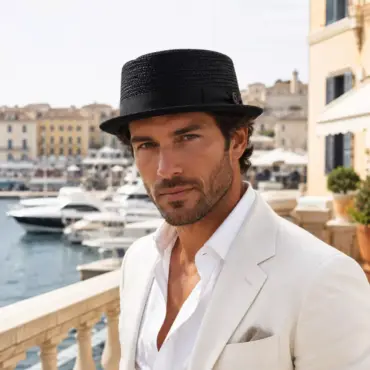 Porkpie Raffia fein farbig Schwarz an Herrenmodel auf der Französischen Riviera