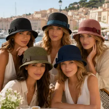Fünf Damen mit Risa Cloche Raffia fein Hüten in Schwarz, Altrosa, Olive und Marine an der Französischen Riviera