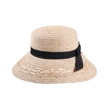 Cloche Raffia Hut natur mit schwarzem Band und Schleife