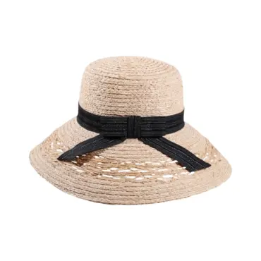 Cloche Raffia Hut natur mit schwarzem Band und Schleife