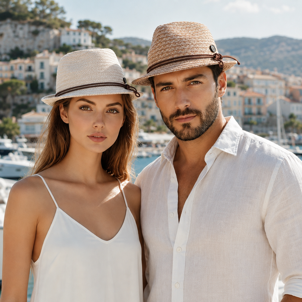 Trilby linen-hemp an Damen- und Herrenmodel auf der Französischen Riviera