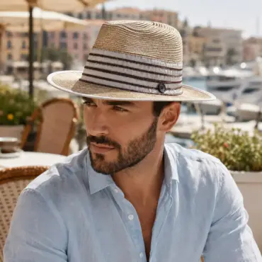 Fedora City Leinenbändeli Natur Braun an Herrenmodel auf der Französischen Riviera