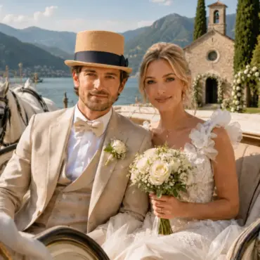 Herr mit Strohzylinder bei Hochzeit an einer Seekapelle