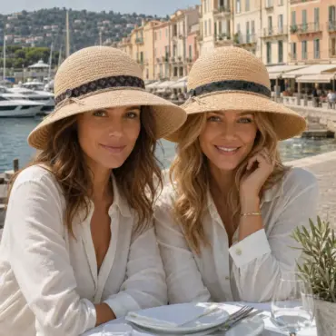 Zwei Damen mit Risa Cloche Raffiahüten in Natur an der Französischen Riviera