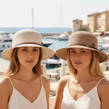 Zwei Damen mit Risa Cloche linen-hemp Hüten in Hellbeige und Nougat an der Französischen Riviera