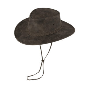 Western Lederhut Taupe mit geflochtenem Hutband und Kinnband