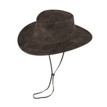 Western Lederhut Taupe mit geflochtenem Hutband und Kinnband