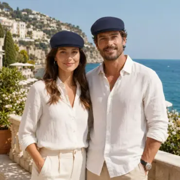 Frau und Mann mit Schiebermütze Clay Marine am Meer