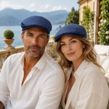 Schiebermütze Clay in Jeansblau aus Leinen-Woll-Mix mit strukturierter Stoffoberfläche und klassischer Flatcap-Form