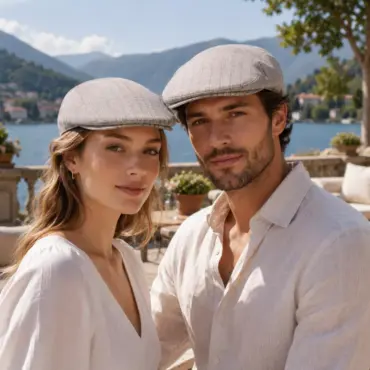 Schiebermütze Antonio in Nougat/Blau aus Leinen-Baumwoll-Mix mit kariertem Muster und kurzer Flatcap-Form