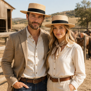 Frau und Mann mit Strohhut Boss of the Plains auf Western Ranch