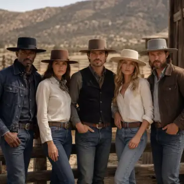 Damen und Herren mit Santa Fe Westernhut aus Biberfilz an einer Corralstange auf einer Westernranch
