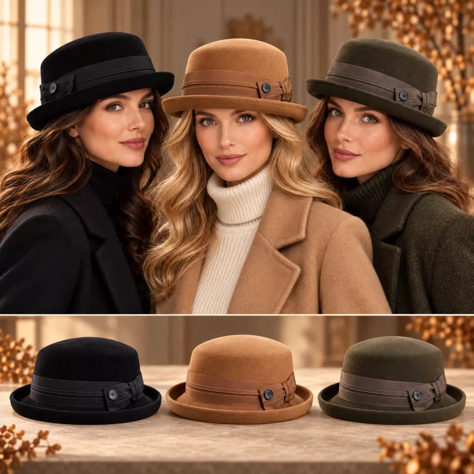 Damen Aufschlaghüte aus Haarfilz-Velours in Schwarz Camel und Moos