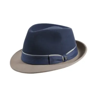 Trilby Indigo-Beige aus Wollfilz mit jeansblauem Kopf und mittelbeigem Rand