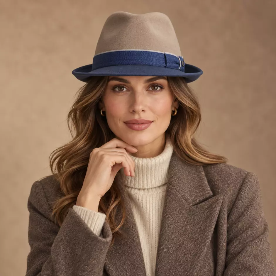 Trilby Indigo-Beige aus Wollfilz mit mittelbeigem Kopf und jeansblauem Rand