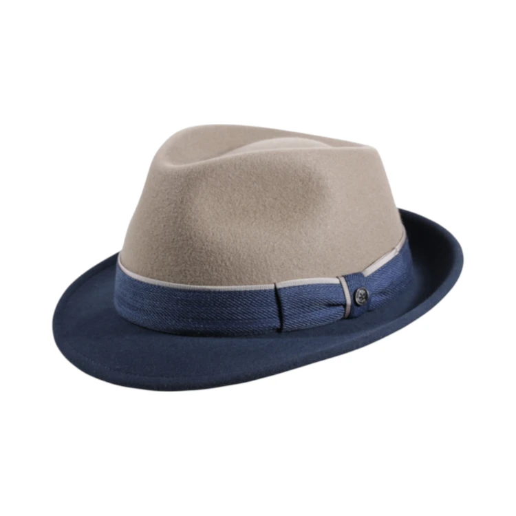 Trilby Indigo-Beige aus Wollfilz mit mittelbeigem Kopf und jeansblauem Rand