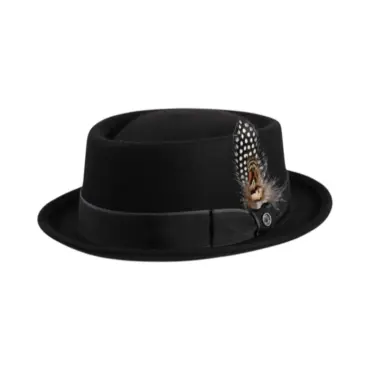 Porkpie Classic Paspel aus Wollfilz in Schwarz mit Feder und Risa-Knopf