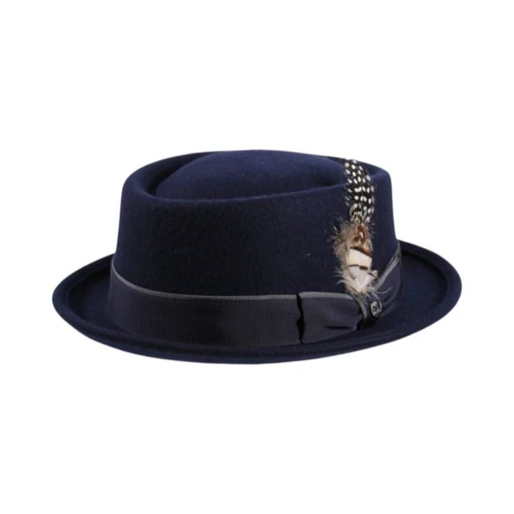 Porkpie Classic Paspel in Navy mit grauem Passepoil und Feder