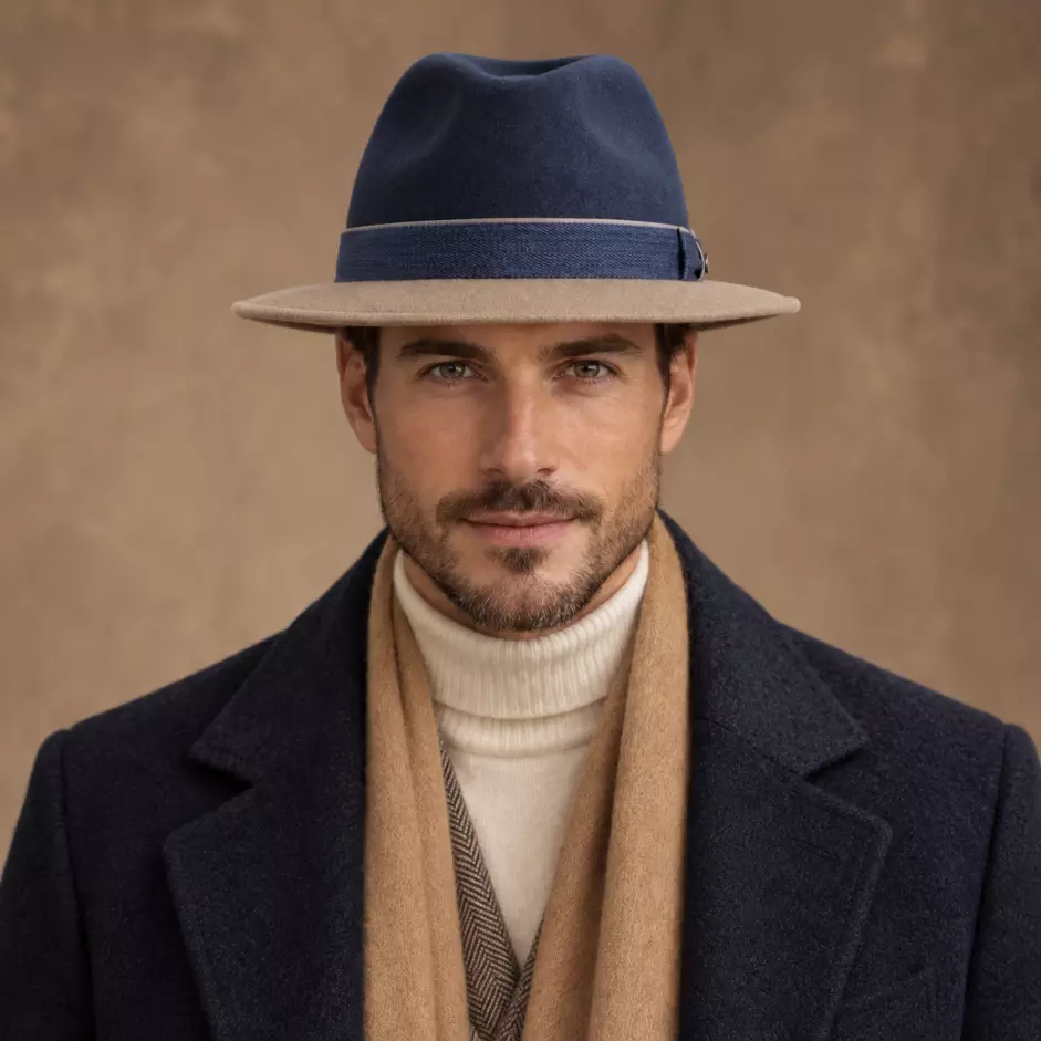 Herrenmodel mit Fedora Traveler Indigo-Beige in Jeansblau und Mittelbeige