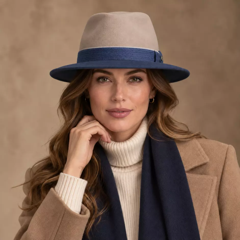 Damenmodel mit Fedora Traveler Indigo-Beige in Mittelbeige und Jeansblau