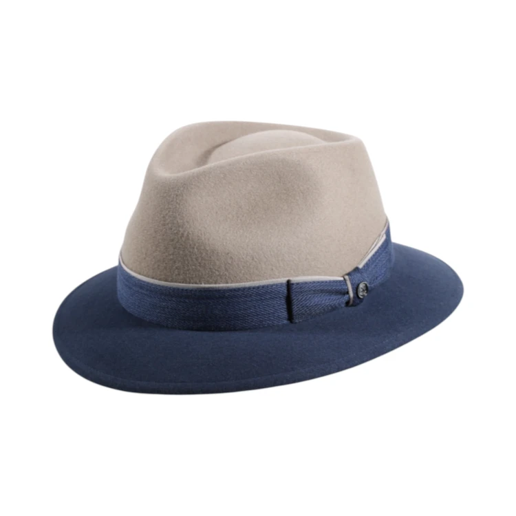 Fedora Traveler 2-Pieces Indigo-Beige mit mittelbeigem Kopf und jeansblauer Krempe