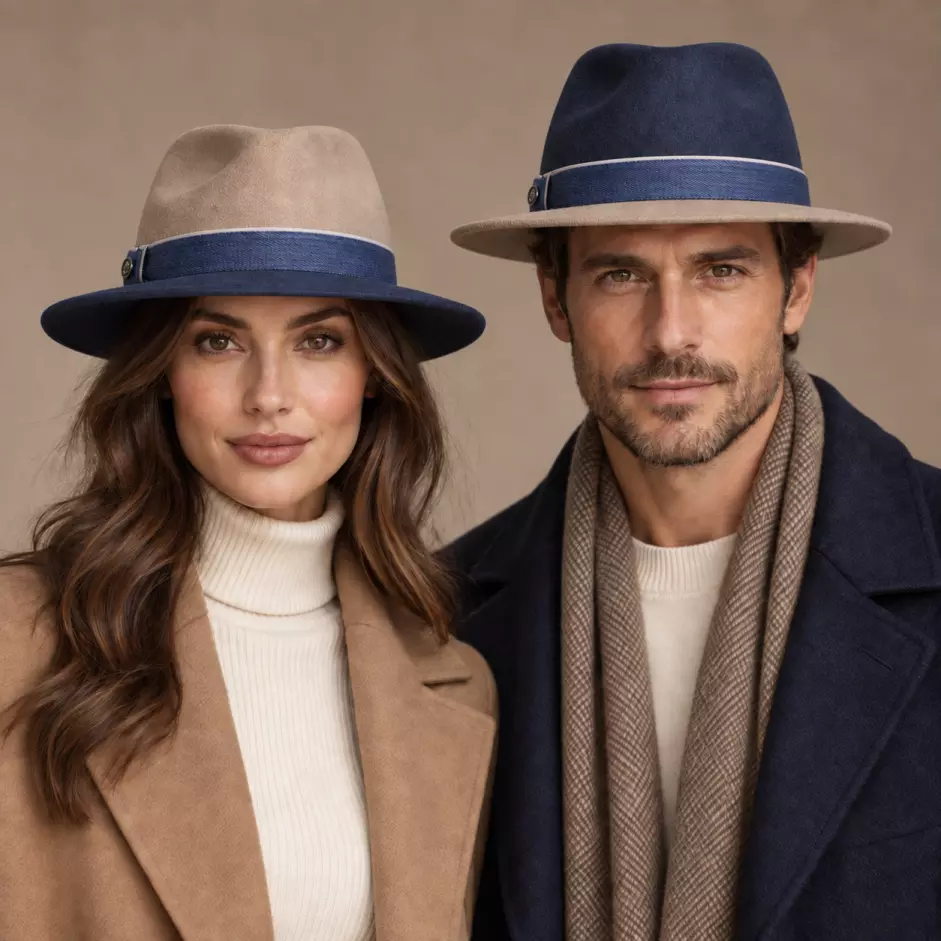 Frau und Mann mit Fedora Traveler 2-Pieces Indigo-Beige in beiden Farbvarianten