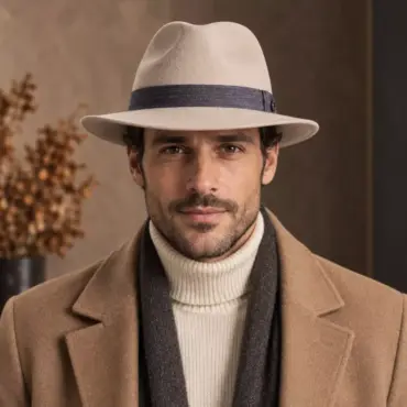 Fedora Traveler Teo Cotone aus Wollfilz in Elfenbein mit Denim-Hutband