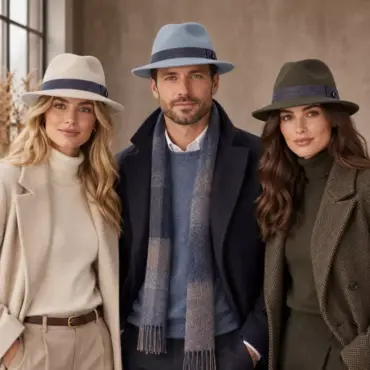 Zwei Damen und ein Herr mit Fedora Traveler Teo Cotone in Elfenbein Himmelblau und Moos