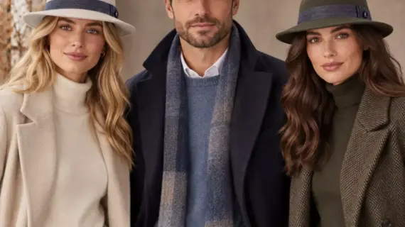 Zwei Damen und ein Herr mit Fedora Traveler Teo Cotone in Elfenbein Himmelblau und Moos