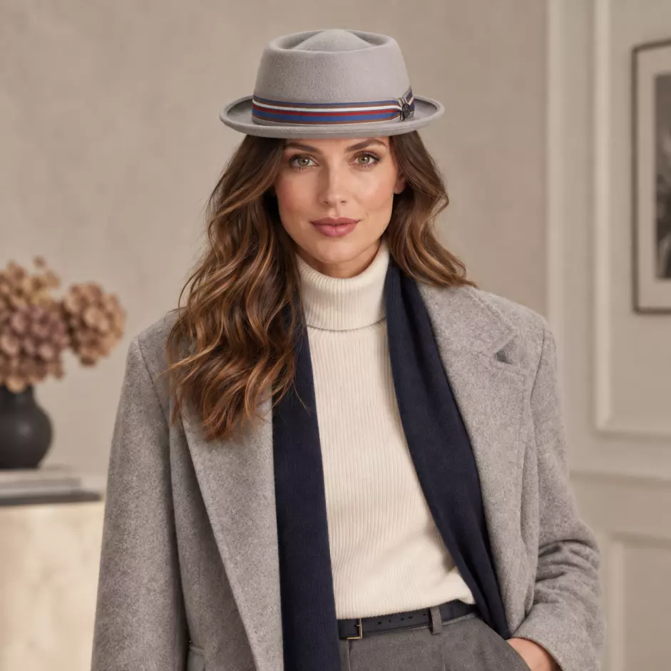 Damenmodel mit Porkpie Diamond Shape Striped in Hellgrau