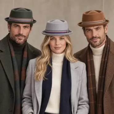 Zwei Herren und eine Dame mit Porkpie Diamond Shape Striped in Kaperngrün Hellgrau und Camel