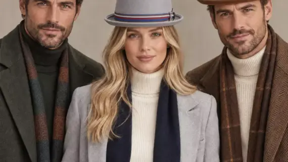 Zwei Herren und eine Dame mit Porkpie Diamond Shape Striped in Kaperngrün Hellgrau und Camel
