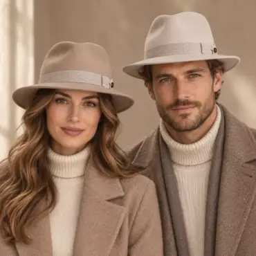 Frau und Mann mit Fedora Traveler Lambswool in Hellbeige und Sand
