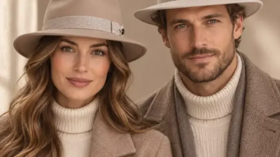 Frau und Mann mit Fedora Traveler Lambswool in Hellbeige und Sand