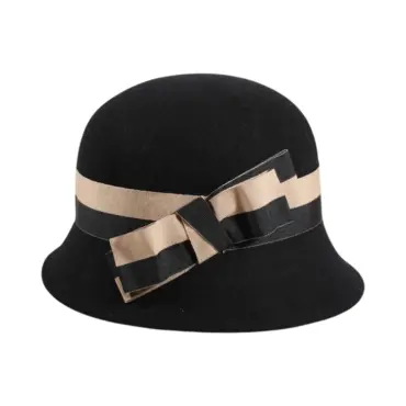 Schwarze Damencloche aus Wolle mit Schwarz-Beige-Rebsband und seitlicher Masche