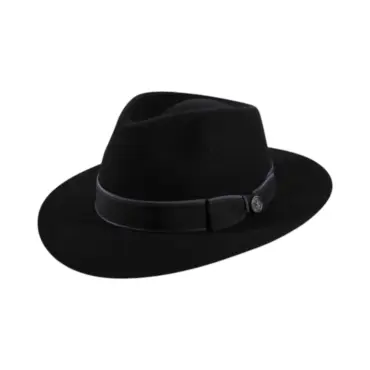 Schwarzer Fedora Traveler aus Haarfilz mit Rebsband, Paspel, Garn und seitlichem Risa-Knopf